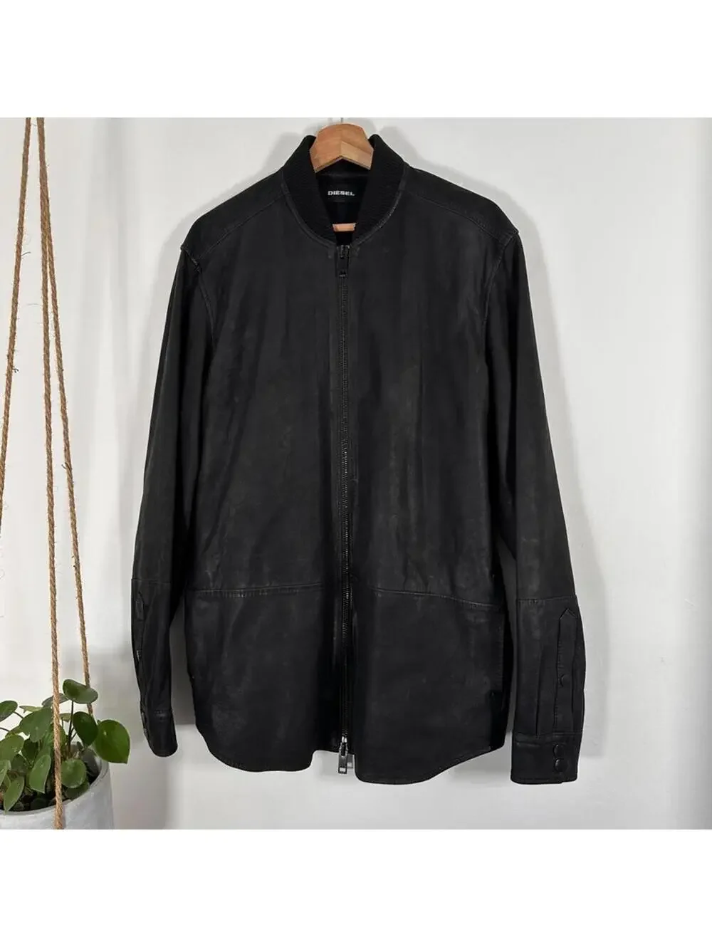 Diesel Black Leather Bomber Jacket XL Streetwear Moto Minimalist‎ Shirt Jacket